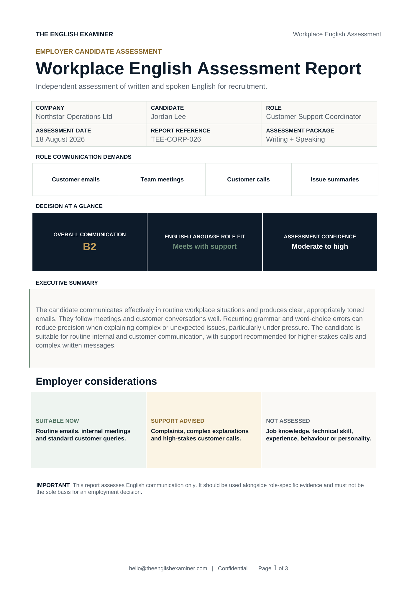 Page one of the workplace English assessment sample report