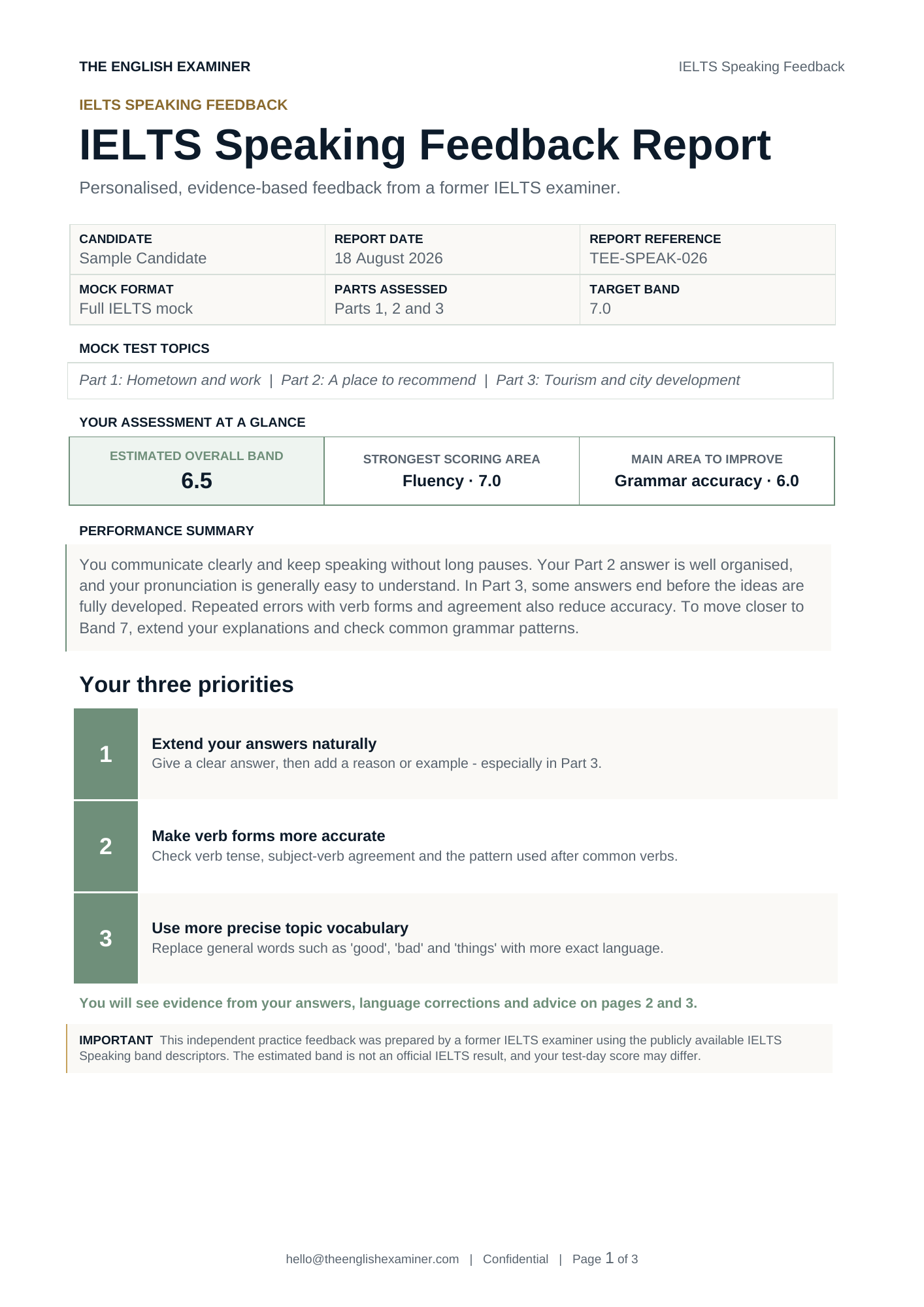 Page one of the IELTS speaking feedback sample report