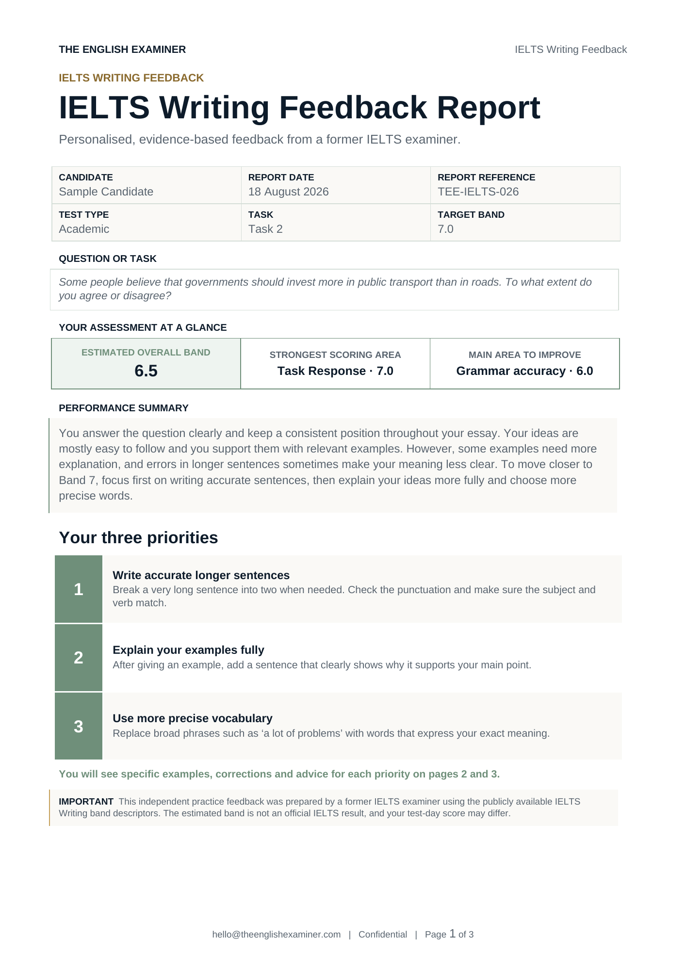 Page one of the IELTS writing feedback sample report